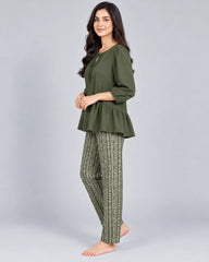 Tie Neck Peplum Co-Ord Set - Olive Green