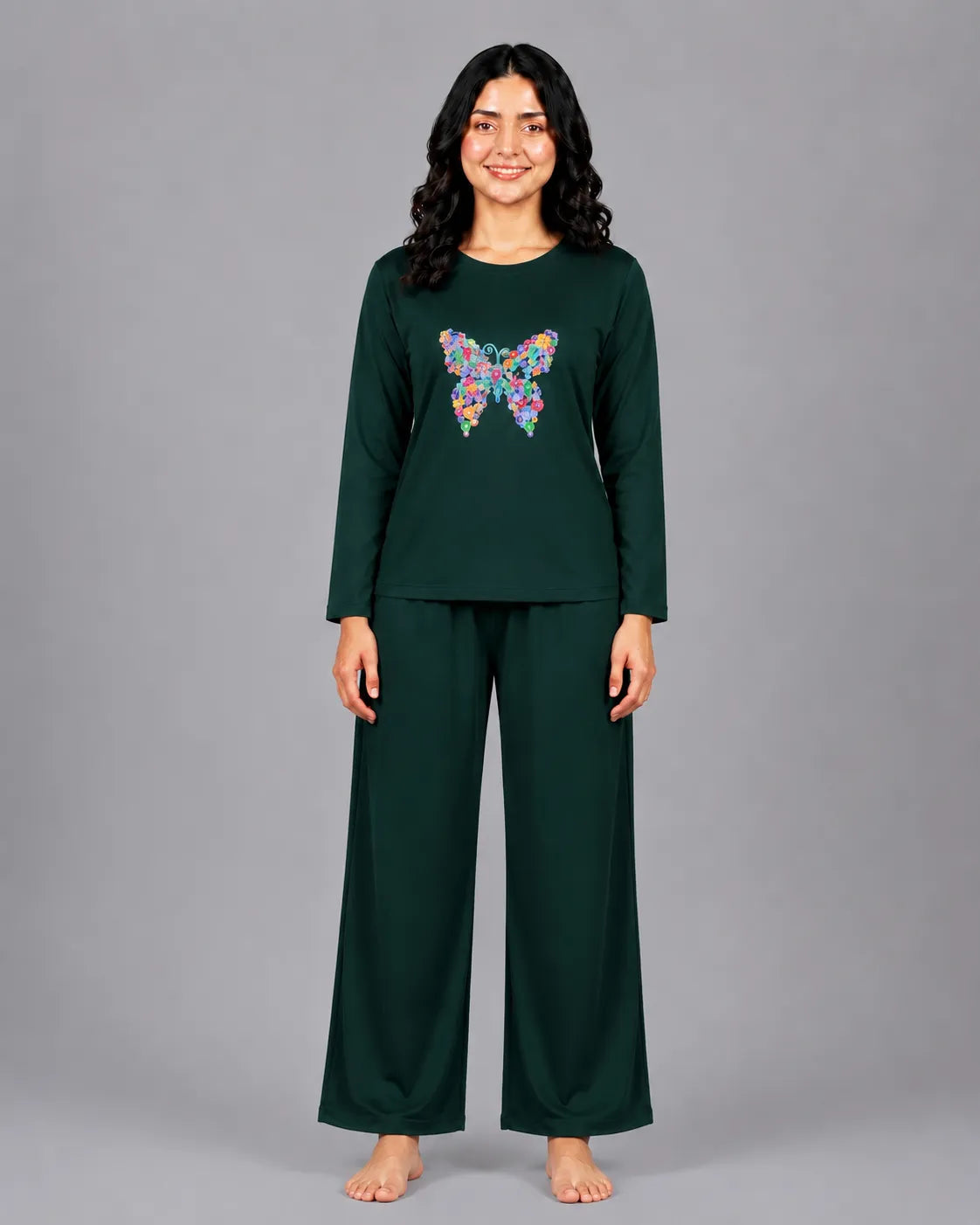 Women Round-Neck Lounge Wear | Colored Butterfly - Sherwood Green