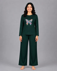 Women Round-Neck Lounge Wear | Colored Butterfly - Sherwood Green