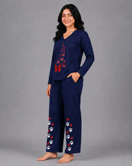 Women V-Neck Lounge Wear | Red Butterfly - Navy Blue
