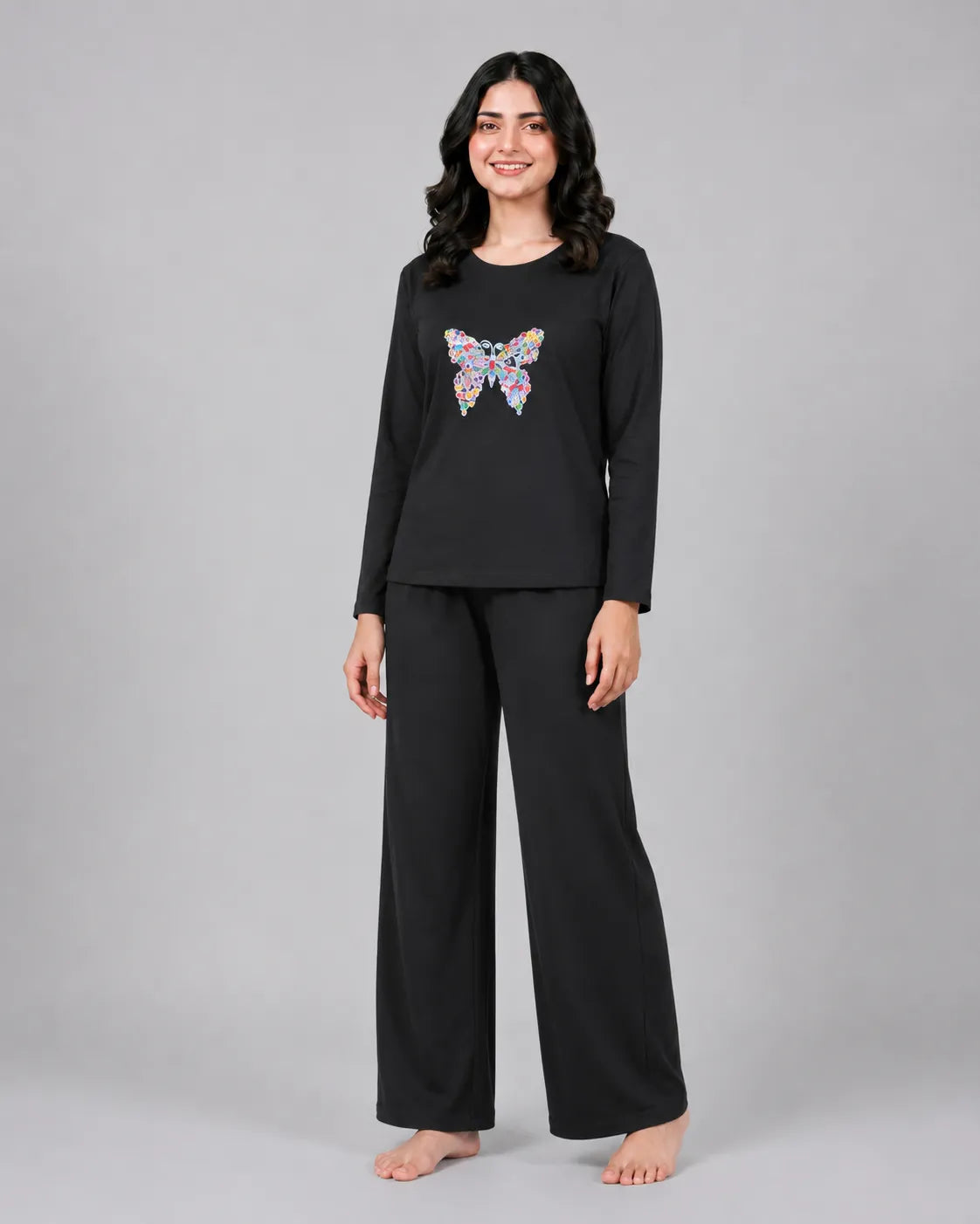 Women Round-Neck Lounge Wear | Colored Butterfly - Black