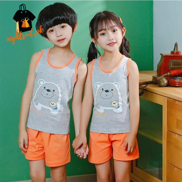 Grey With Orange Bear Print Sleeveless Kids Wear