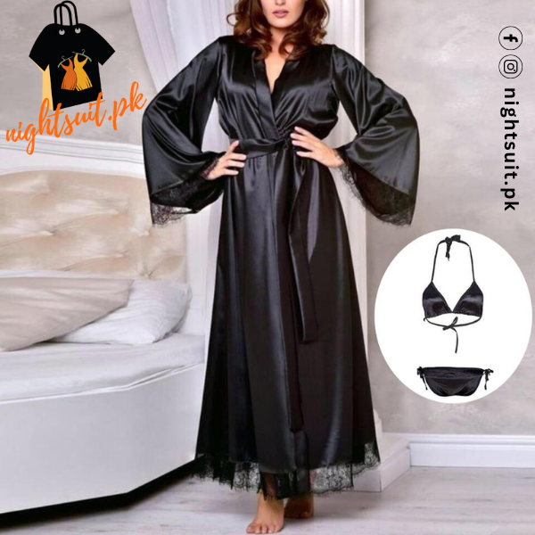 Women Black Silk Night Gown 3 piece