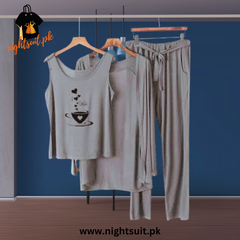 Grey Black I love Coffee Women Night Suit PJ 3 Pieces Set