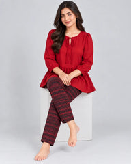Tie Neck Peplum Co-Ord Set - Red