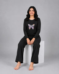 Women Round-Neck Lounge Wear | Colored Butterfly - Black