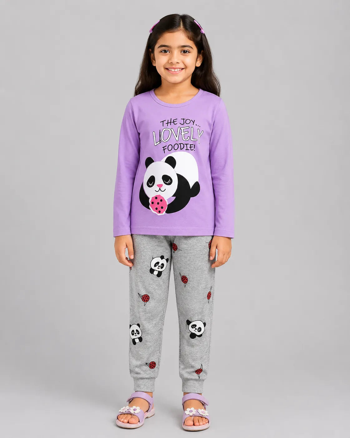 Lovely Panda Kids Pajama Set - Purple & Grey