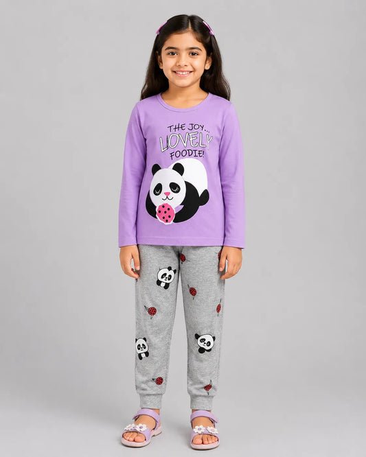 Lovely Panda Kids Pajama Set - Purple & Grey