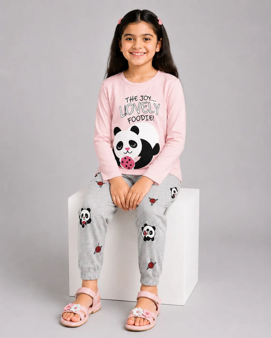 Lovely Panda Kids Pajama Set - Pink & Grey