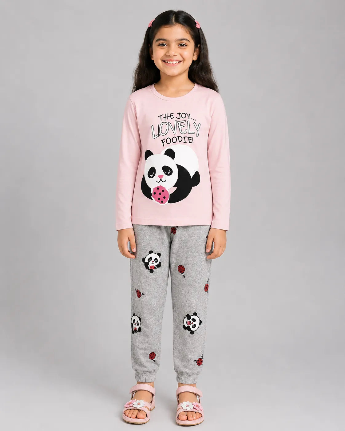Lovely Panda Kids Pajama Set - Pink & Grey
