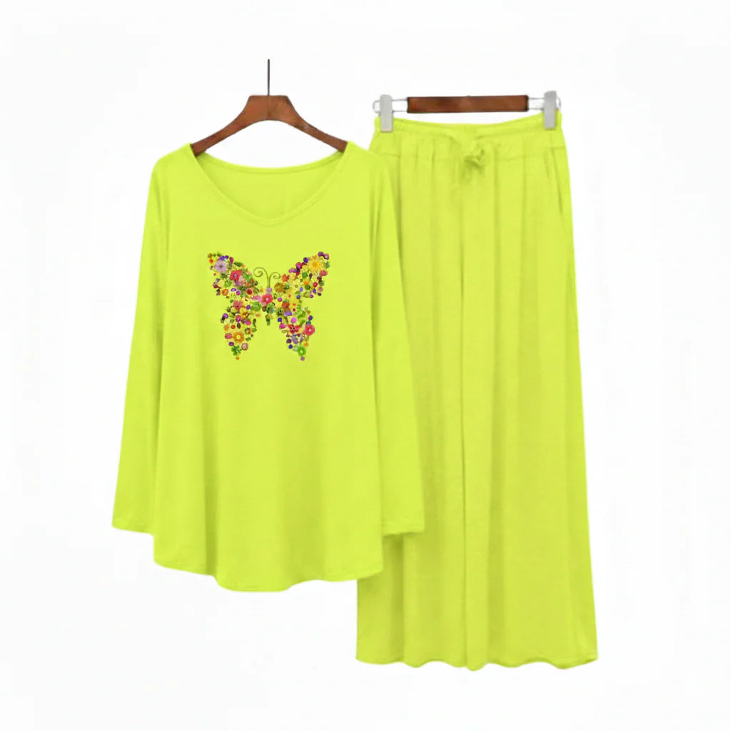 Women Round-Neck Lounge Wear | Colored Butterfly - Lemon Yellow