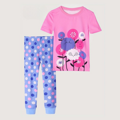 Girls' Cute Cat &amp; Flower Print Pajama Set - Short Sleeve