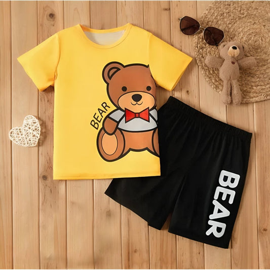 Kids’ Teddy Bear Printed Summer Outfit – T-Shirt &amp; Shorts Set