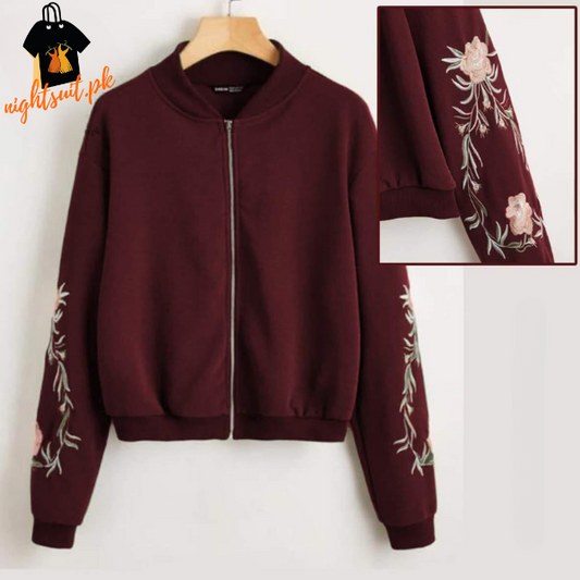 Maroon Embroidered Floral Detail Zip Up Bomber Jacket For Women