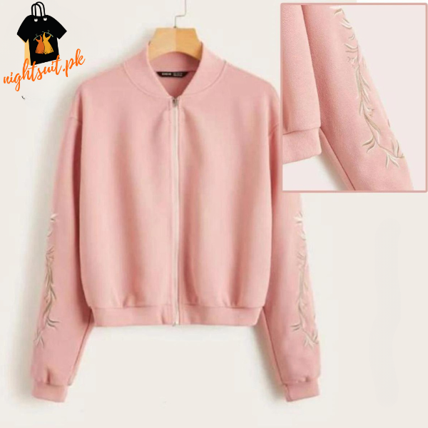 Pink Embroidered Floral Detail Zip Up Bomber Jacket For Women