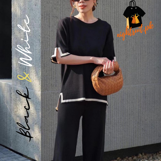 Black & White Slit Short Sleeve T-shirts and High Waist Wide Leg Pants