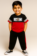 Maroon Panel Printed Kids Set - T-Shirt and Pants