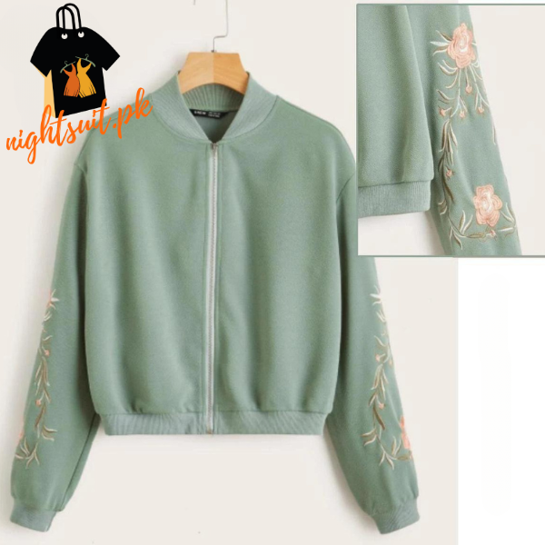 Green Embroidered Floral Detail Zip Up Bomber Jacket For Women