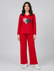 Women V Neck Lounge Wear | Black Heart - Red
