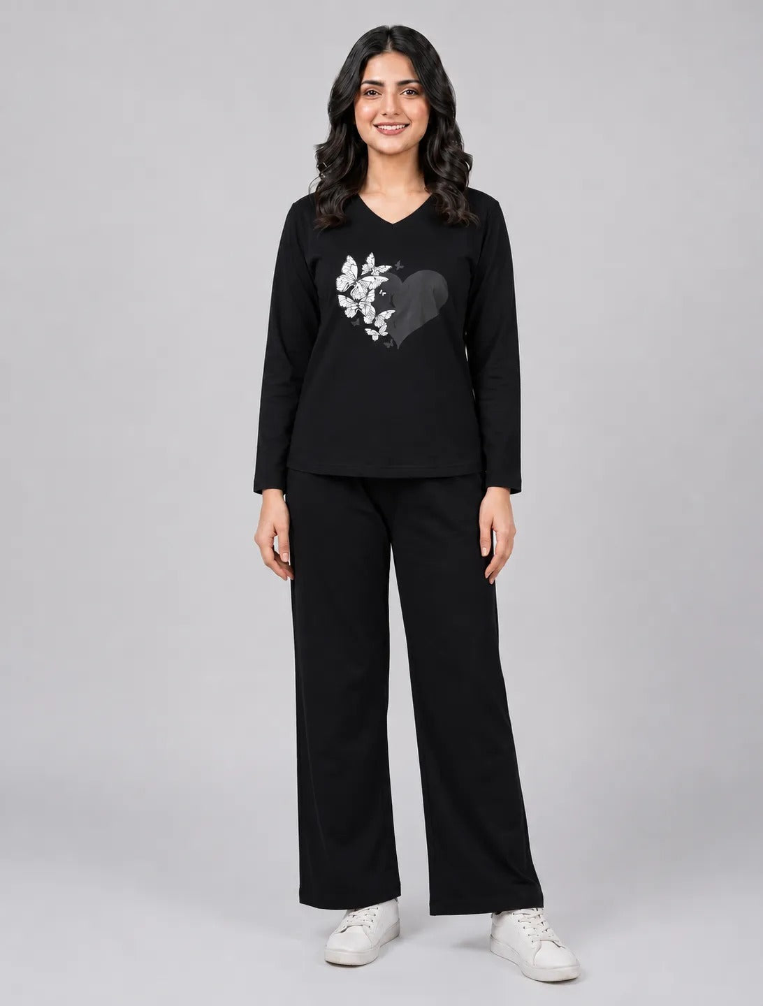 Women V-Neck Lounge Wear | Black Heart - Black