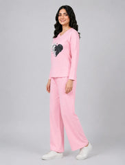 Women V-Neck Lounge Wear | Black Heart - Baby Pink