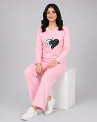 Women V-Neck Lounge Wear | Black Heart - Baby Pink