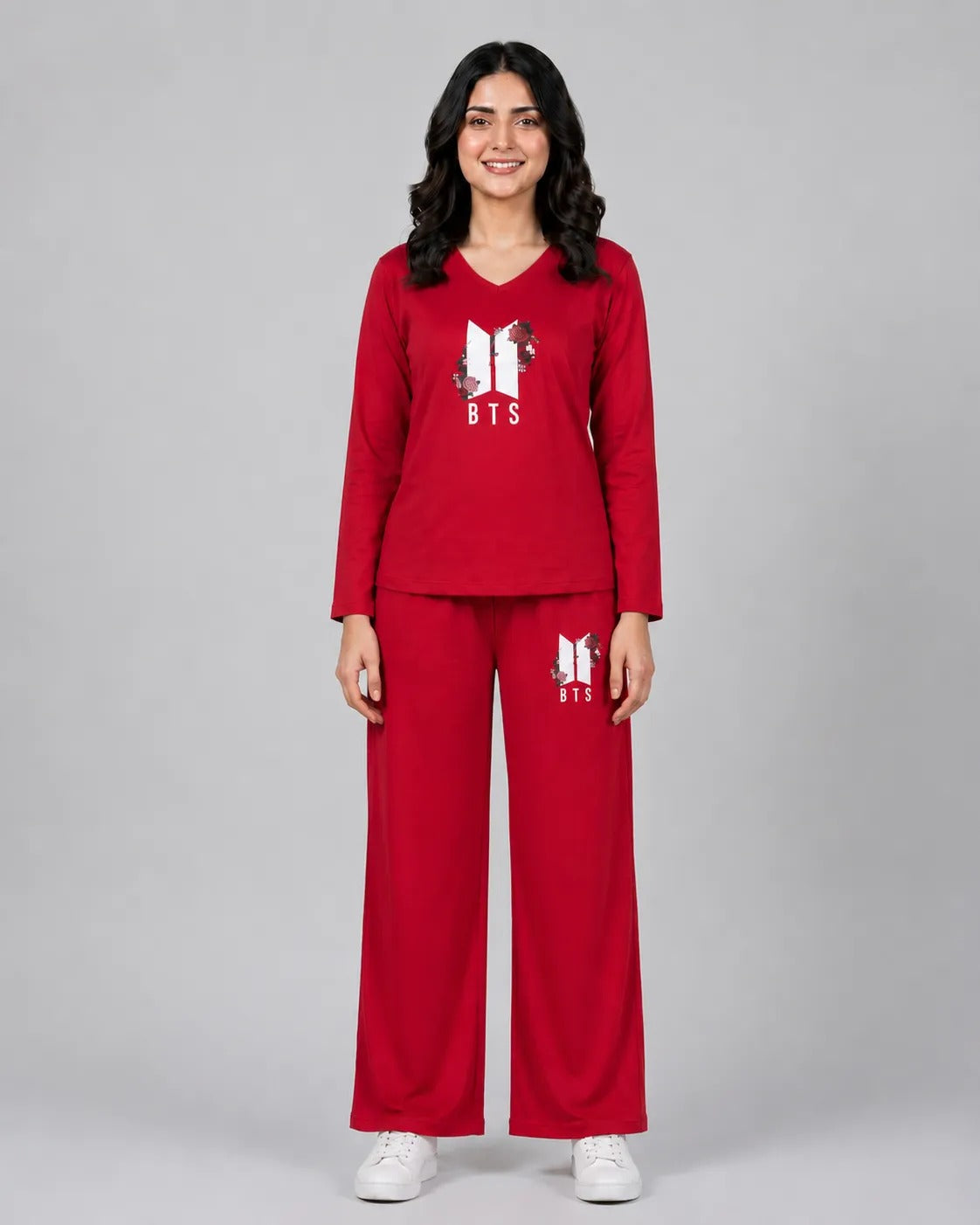 Women V-Neck Lounge Wear | BTS Flower - Red