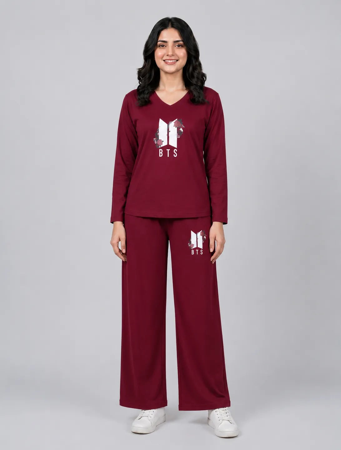 Women V-Neck Lounge Wear | BTS Flower - Maroon