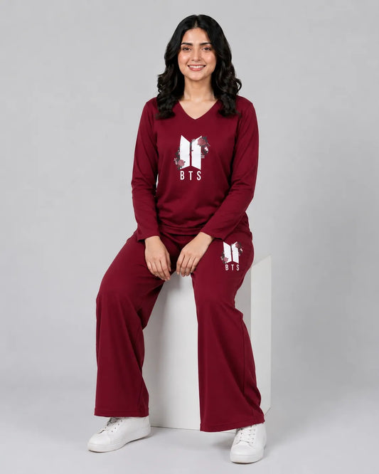 Women V-Neck Lounge Wear | BTS Flower - Maroon