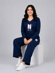 Women V-Neck Lounge Wear | BTS Flower - Navy Blue