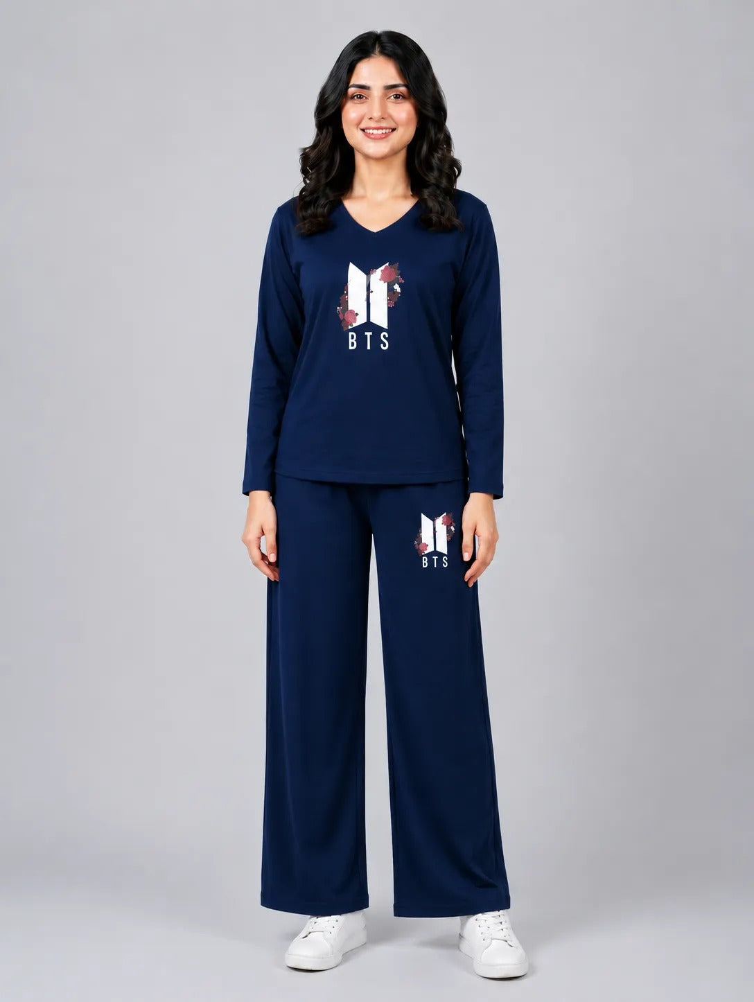 Women V-Neck Lounge Wear | BTS Flower - Navy Blue