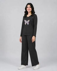Women V Neck Lounge Wear | Colored Butterfly - Black