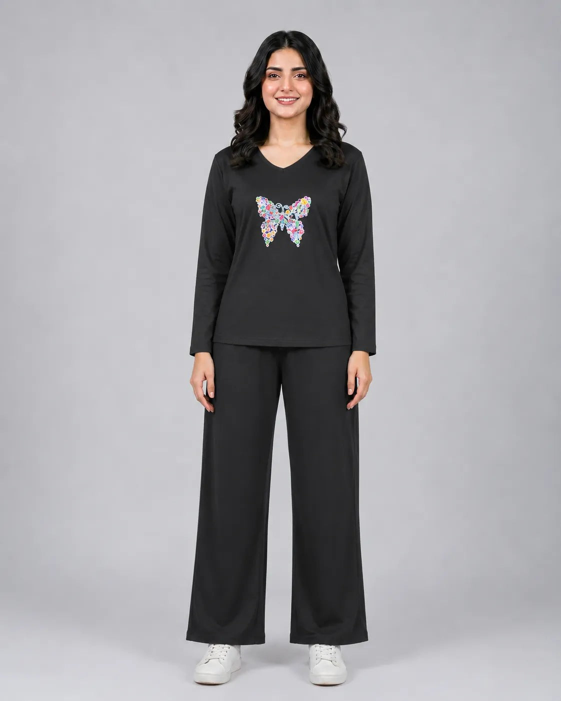 Women V Neck Lounge Wear | Colored Butterfly - Black
