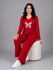 Women V-Neck Lounge Wear | Colored Butterfly - Red