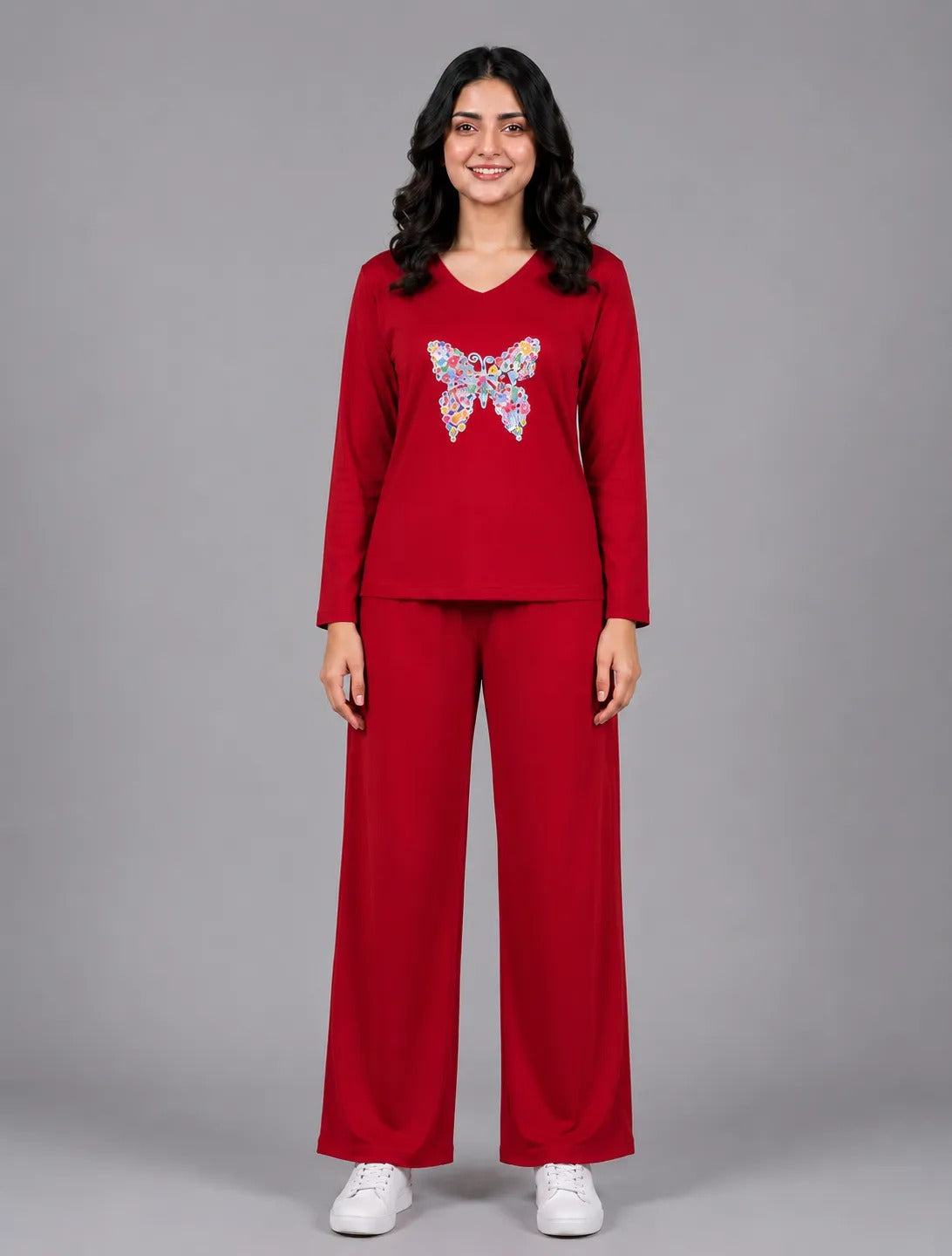 Women V-Neck Lounge Wear | Colored Butterfly - Red