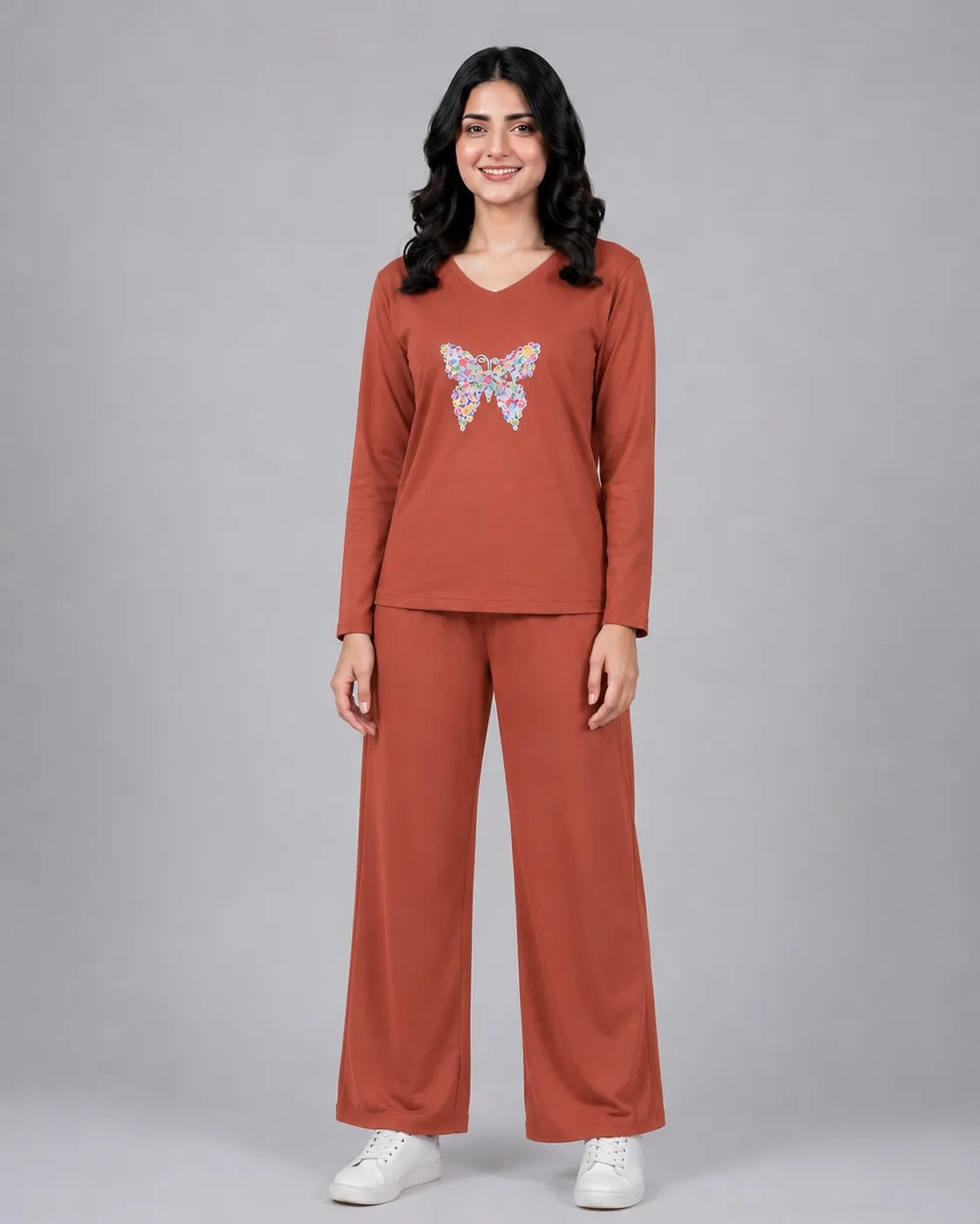 Women V-Neck Lounge Wear | Colored Butterfly - Rusty