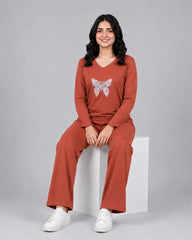 Women V-Neck Lounge Wear | Colored Butterfly - Rusty