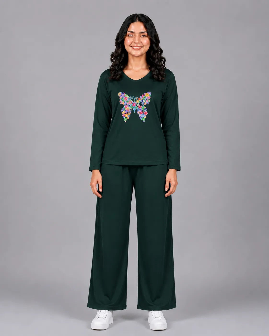 Women V-Neck Lounge Wear | Colored Butterfly - Sherwood Green
