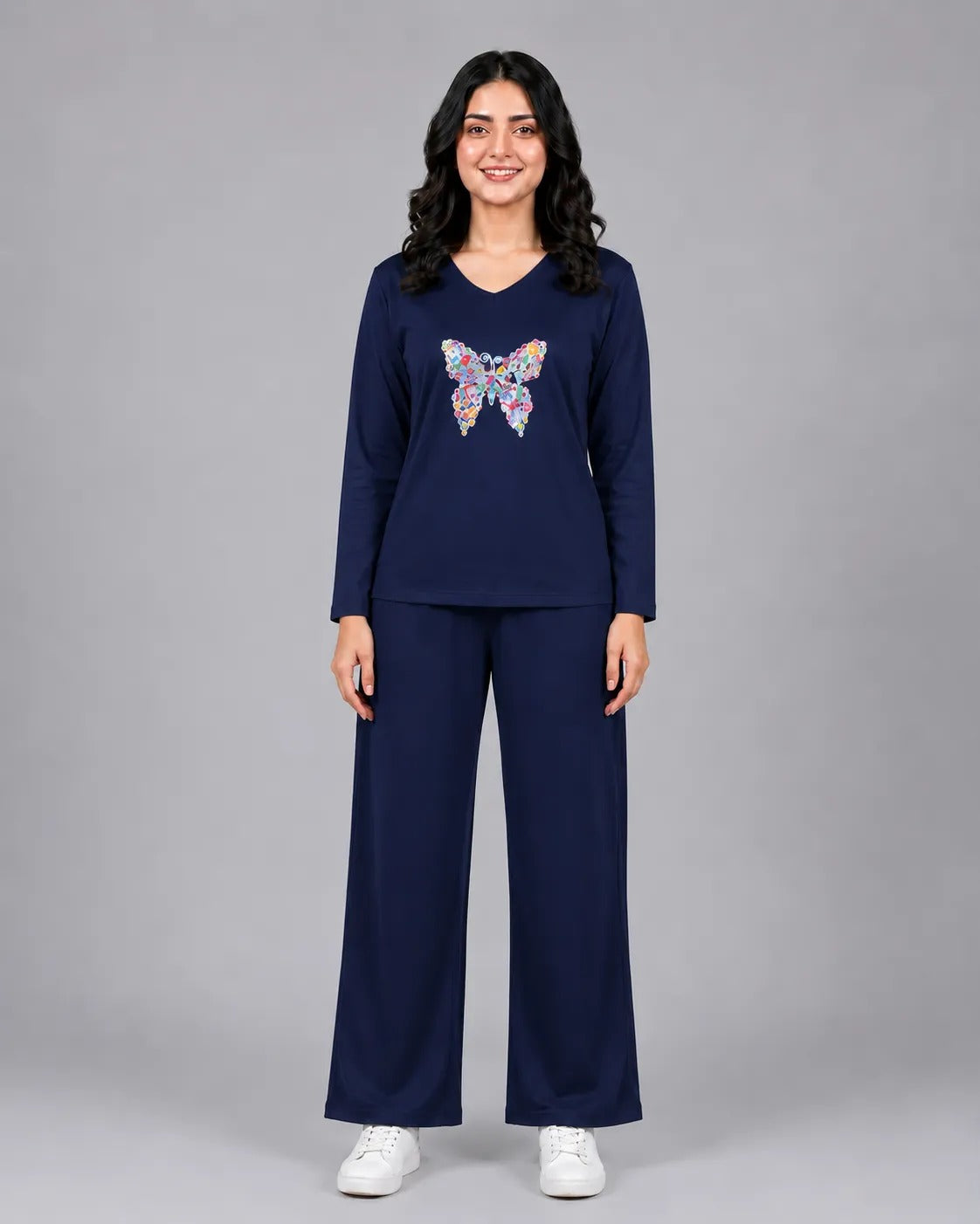 Women V-Neck Lounge Wear | Colored Butterfly - Navy Blue