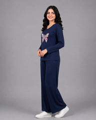 Women V-Neck Lounge Wear | Colored Butterfly - Navy Blue