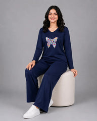Women V-Neck Lounge Wear | Colored Butterfly - Navy Blue