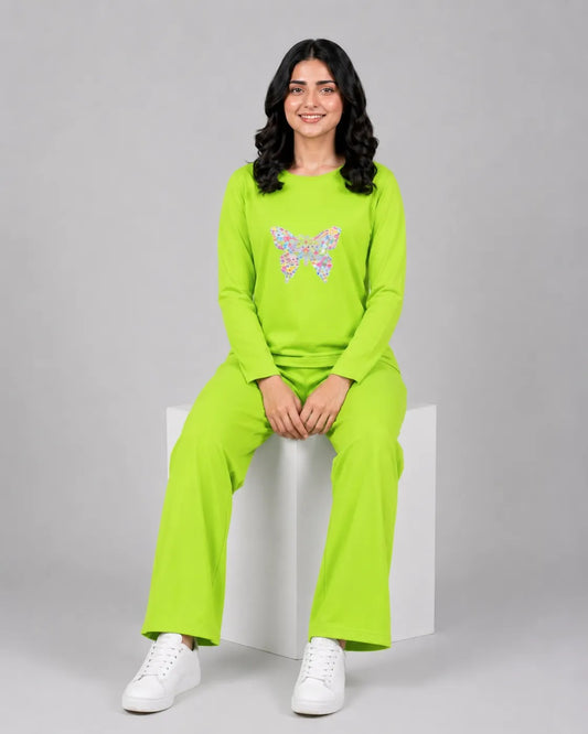 Women Round-Neck Lounge Wear | Colored Butterfly - Lemon Yellow
