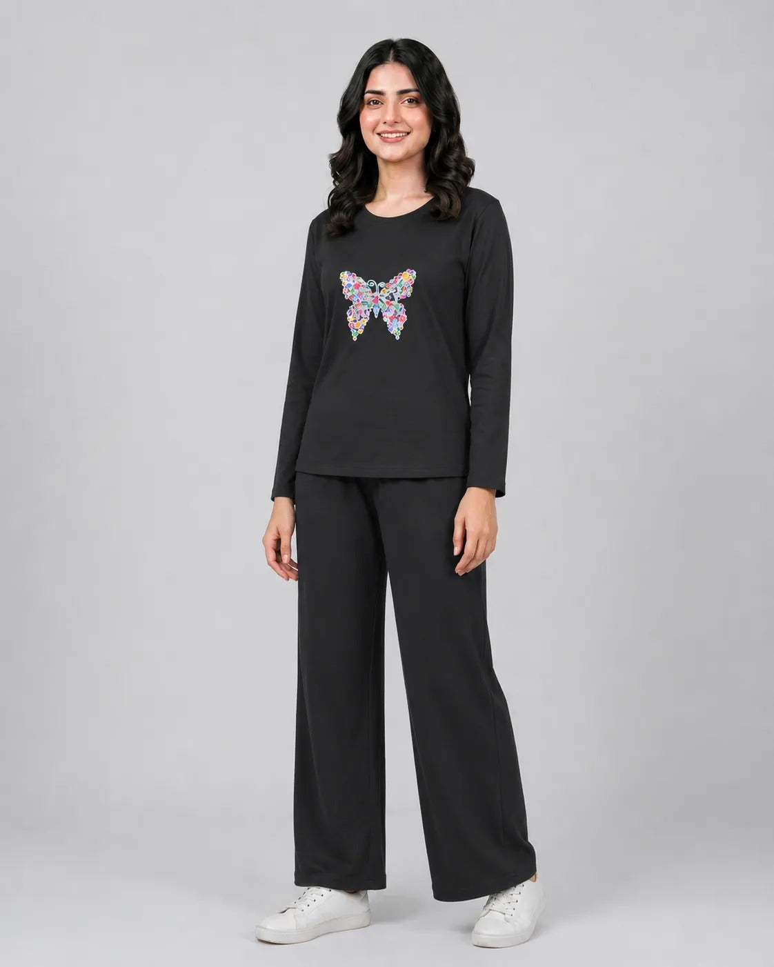 Women Round-Neck Lounge Wear | Colored Butterfly - Black