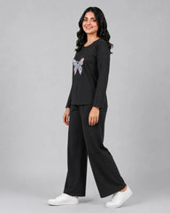 Women Round-Neck Lounge Wear | Colored Butterfly - Black