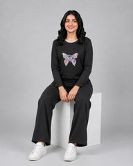 Women Round-Neck Lounge Wear | Colored Butterfly - Black