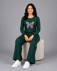 Women Round-Neck Lounge Wear | Colored Butterfly - Sherwood Green