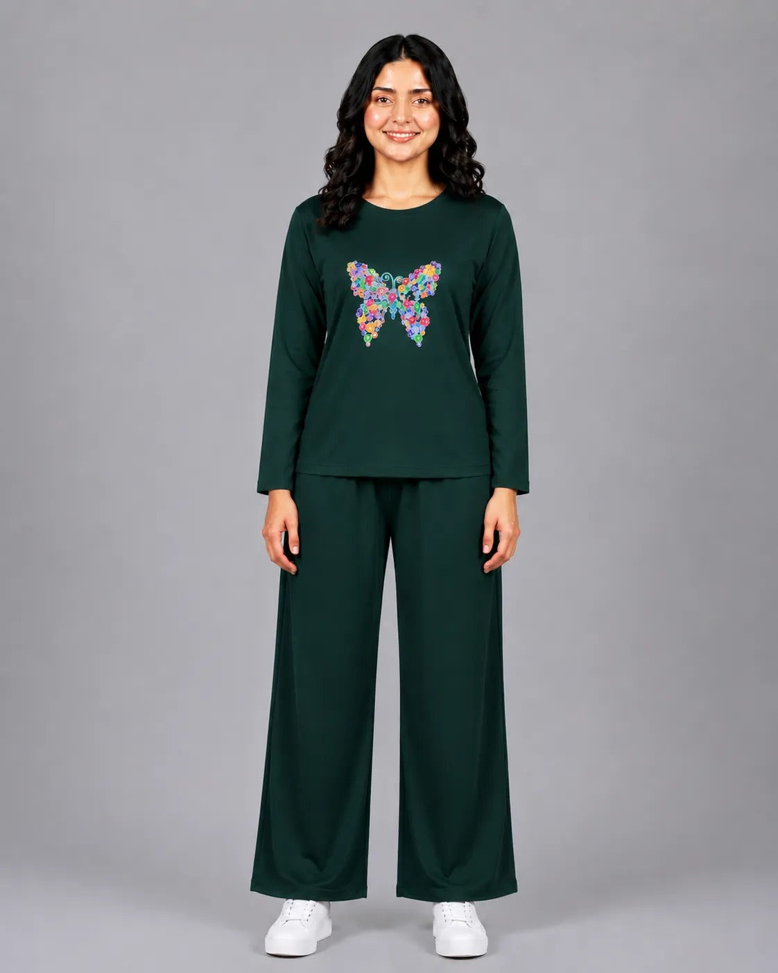 Women Round-Neck Lounge Wear | Colored Butterfly - Sherwood Green