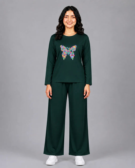 Women Round-Neck Lounge Wear | Colored Butterfly - Sherwood Green