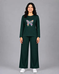 Women Round-Neck Lounge Wear | Colored Butterfly - Sherwood Green