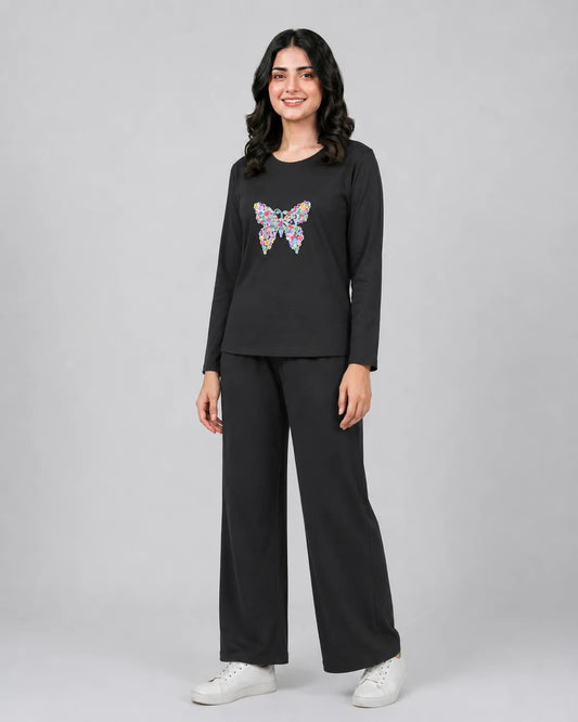 Women Round-Neck Lounge Wear | Colored Butterfly - Black